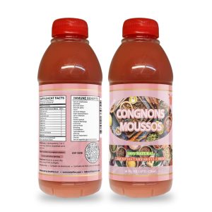 Bottle of Congnons Moussos African herbal mixture drink with red cap and herbal wellness label